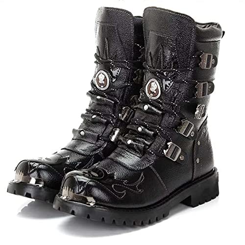 LDLD Herren Reiten Kampfstiefel, PU Leder wasserdichte Handgemachte Lederstiefel Punk Rock Gothic Metall Zubehör Cowboystiefel,Schwarz,45 von LDLD
