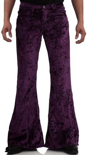 Herren-Hose aus Samt, entspannt, Vintage-Stil, 60er-/70er-Jahre-Stil, Stretch-Passform, klassischer Komfort, ausgestelltes Retro-Bein, Disco-Hose, Violett, Klein von LDNINE