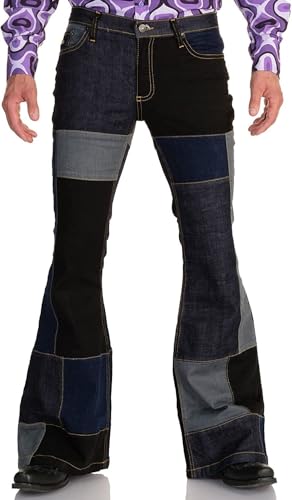 Herren Jeans Patch Schlaghose 70er Jahre Outfits Bell Bottom Disco Denim Hose Vintage Patch Jeans Used Look Schlagjeans, Blau dunkel, XXL von LDNINE