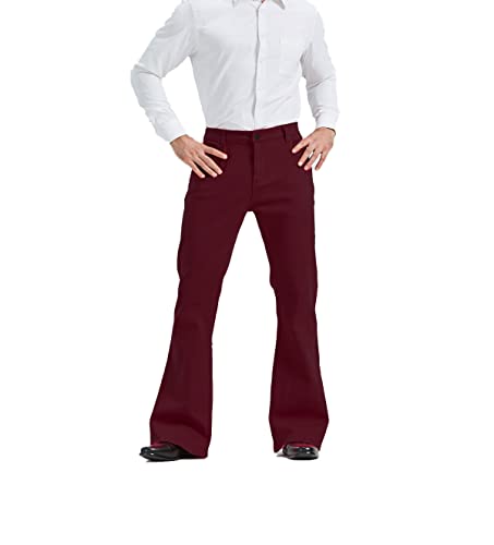 Herren Relaxed Vintage 60er 70er Jahre Bell Bottom Stretch Fit Classic Comfort Flared Flares Retro Leg Disco Denim Jeans Hose, Burgunder, Groß von LDNINE