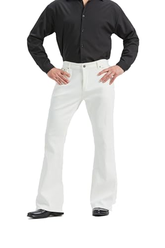 Herren-Jeanshose, entspannter Vintage-Stil, 60er-70er-Jahre, Schlaghose, Dehnbund, klassischer Tragekomfort, Retro-Disco-Denim, Weiss/opulenter Garten, Mittel von LDNINE