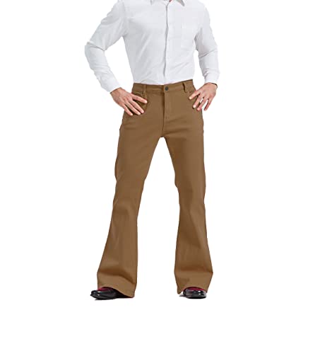 Herren Relaxed Vintage 60er 70er Jahre Bell Bottom Stretch Fit Classic Comfort Flared Flares Retro Leg Disco Denim Jeans Pants, Khaki, X-Groß von LDNINE