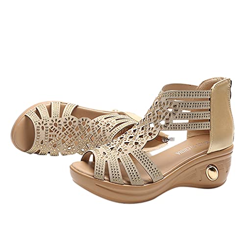 LDOZ Damen Keilsandalen Riemchensandalen Roman Beach Strass Plateau Glitzernde Sandalen für Damen(Khaki,9) von LDOZ