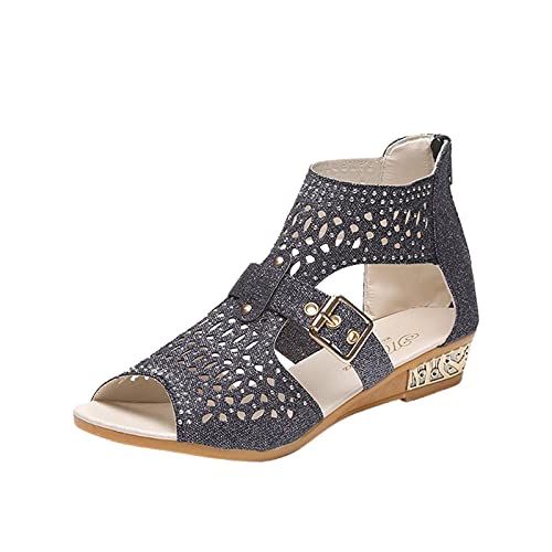 LDOZ Damen Plateau-Wedges-Sandalen, Roman Boho Beach Open Toe Hollow Out Knöchelriemen Sparkly Brautkleid-Sandalen(Black,7) von LDOZ