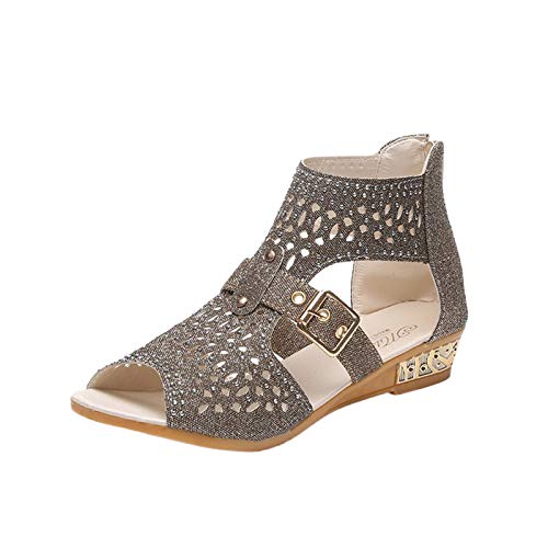 LDOZ Damen Plateau-Wedges-Sandalen, Roman Boho Beach Open Toe Hollow Out Knöchelriemen Sparkly Brautkleid-Sandalen(Gold,7.5) von LDOZ