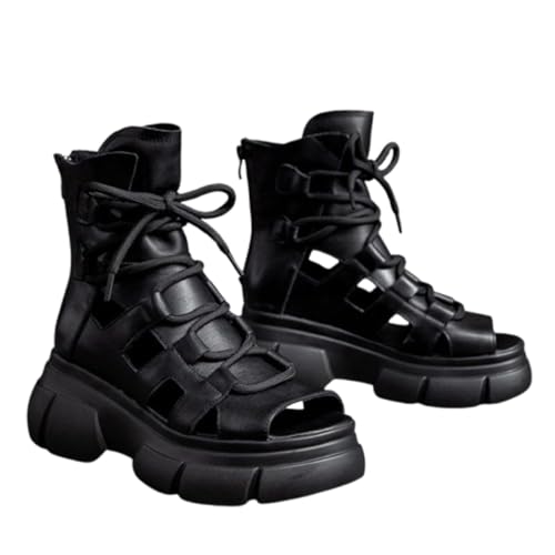 LDOZ Damen Sandalen aus schwarzem Leder mit dicker Sohle und Fischmaul-Peep-Toe für den Straßeneinkauf(Black,8.5) von LDOZ