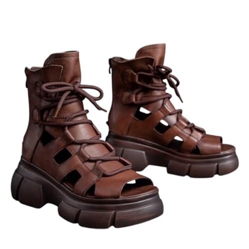 LDOZ Damen Sandalen aus schwarzem Leder mit dicker Sohle und Fischmaul-Peep-Toe für den Straßeneinkauf(Brown,7.5) von LDOZ