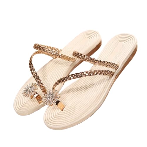 LDOZ Damen-Sommer-Hausschuhe mit weicher Sohle, modische Sandalen mit Strass-Webmuster für Street Shopping Dating(Gold,7) von LDOZ