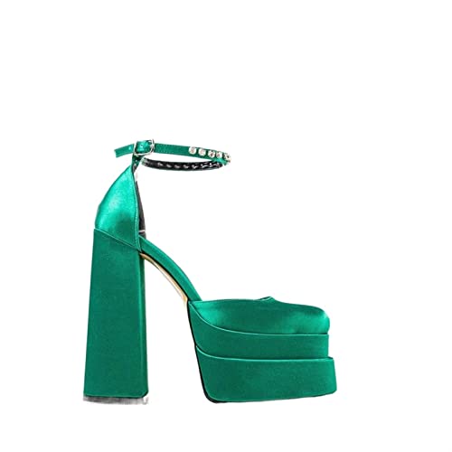 LDOZ Damen Sommer Super High Heels Strass Satin Sandalen Dicksohlen Dicken Absätzen Wasserdichte Plattform Ein-Streifen High Heels(Verde,5) von LDOZ