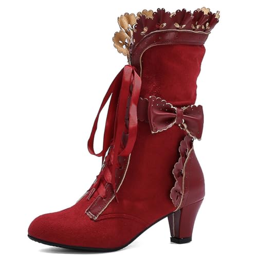 LDOZ Damen Western Denim Schnürstiefel dicken Absatz schmale Ritterstiefel, trendige und coole Straße muss verfügbar sein(Red,7) von LDOZ
