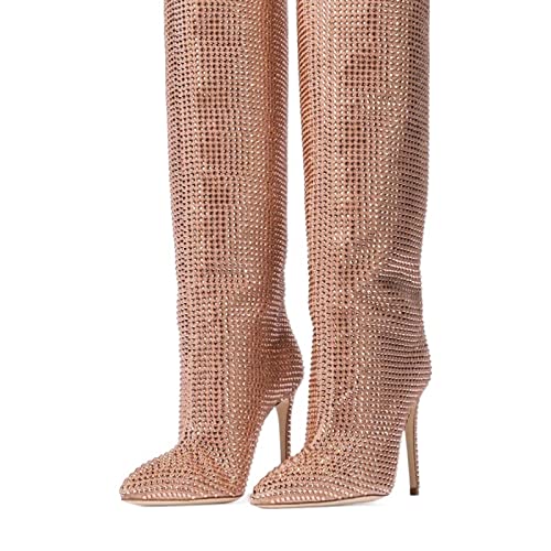 LDOZ Damenmode Hot Diamond Stiletto Spitzschuh Stiefel Kniehohe Frauen(Pink,7) von LDOZ