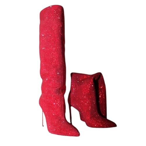 LDOZ Damenmode Hot Diamond Stiletto Spitzschuh Stiefel Kniehohe Frauen(Red,8) von LDOZ