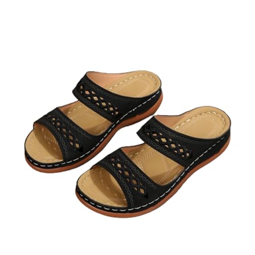 LDOZ Damensandalen, große Strandsandalen, Sommer-Retro-genähte rutschfeste Sandalen, lässige Keil-Plateau-Sandalen(Black,35) von LDOZ