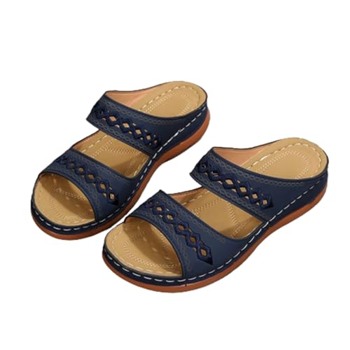 LDOZ Damensandalen, große Strandsandalen, Sommer-Retro-genähte rutschfeste Sandalen, lässige Keil-Plateau-Sandalen(Blue,43) von LDOZ