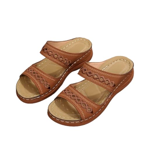 LDOZ Damensandalen, große Strandsandalen, Sommer-Retro-genähte rutschfeste Sandalen, lässige Keil-Plateau-Sandalen(Brown,36) von LDOZ