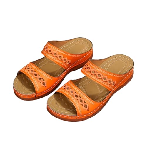 LDOZ Damensandalen, große Strandsandalen, Sommer-Retro-genähte rutschfeste Sandalen, lässige Keil-Plateau-Sandalen(Orange,37) von LDOZ