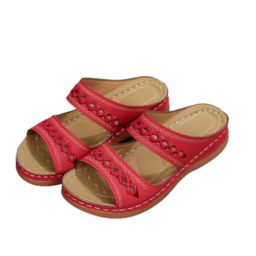 LDOZ Damensandalen, große Strandsandalen, Sommer-Retro-genähte rutschfeste Sandalen, lässige Keil-Plateau-Sandalen(Red,35) von LDOZ