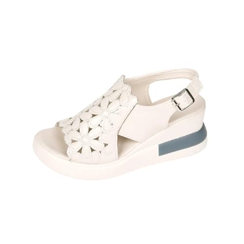 LDOZ Damensandalen mit Keilabsatz und hohlen Riemchen, dicke Sohlen, offene Zehenpartie(Beige,7) von LDOZ