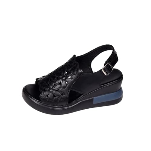LDOZ Damensandalen mit Keilabsatz und hohlen Riemchen, dicke Sohlen, offene Zehenpartie(Black,7.5) von LDOZ