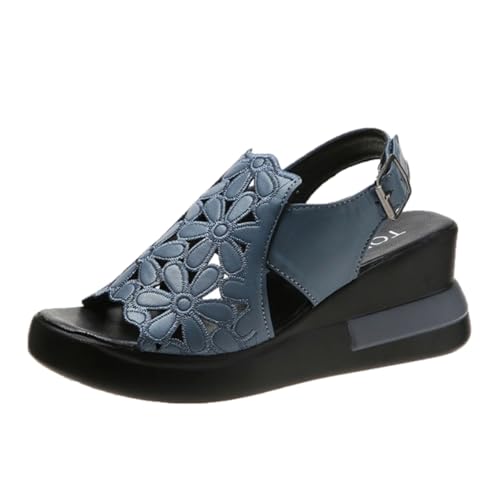 LDOZ Damensandalen mit Keilabsatz und hohlen Riemchen, dicke Sohlen, offene Zehenpartie(Blue,7) von LDOZ