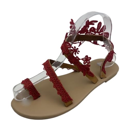 LDOZ Flat Sandals for Women Lace Flower Ring Toe Slip On Slippers Boho style Sandals for Street Shopping(Red,7.5) von LDOZ