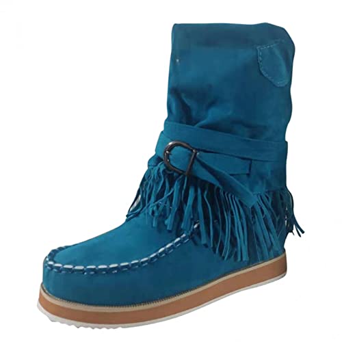 LDOZ Frauen Cowboy Stiefel Keil Metall Schnalle Breite Mitte Wade Stiefel Retro(Blue,7.5) von LDOZ