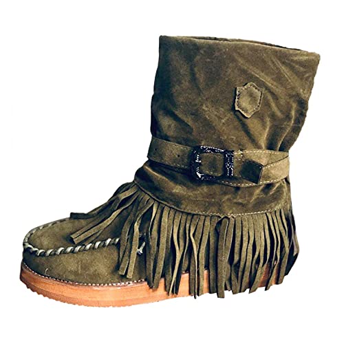 LDOZ Frauen Cowboy Stiefel Keil Metall Schnalle Breite Mitte Wade Stiefel Retro(Green,7.5) von LDOZ