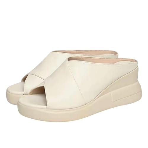 LDOZ Ladies Summer Open-Toe Fish-Mouth Shoes Leather Buckle Hollow Wedges Women's Thick-soled slippers for Street Shopping(Beige,7.5) von LDOZ