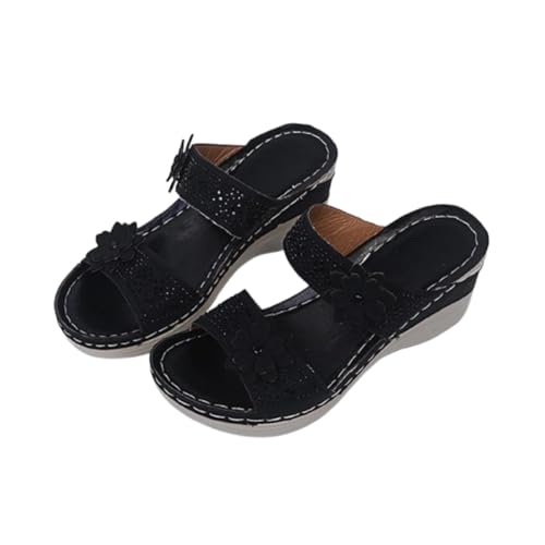 LDOZ Lässige Damen-Sommerschuhe mit Blumenmuster und hohen Absätzen, einreihig, für Street Shopping Dating(Black,8.5) von LDOZ
