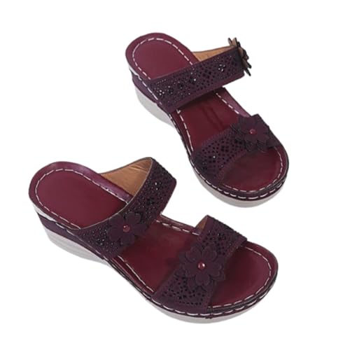 LDOZ Lässige Damen-Sommerschuhe mit Blumenmuster und hohen Absätzen, einreihig, für Street Shopping Dating(Wine,9) von LDOZ