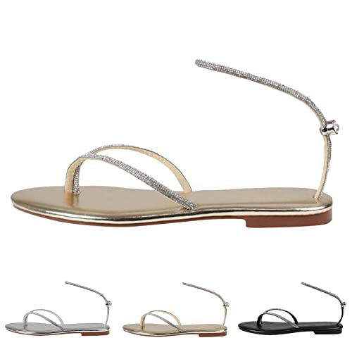 LDOZ Stilvolle, glänzende, flache Hausschuhe für den Sommer mit Strasssteinen und bequemer Sohle für Damen(Silver,9) von LDOZ
