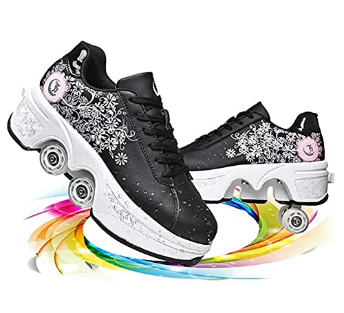 Rollschuhe für Mädchen, Sneaker, Skateschuhe, Sneaker, mit Rädern, Sport, Gymnastik, Mode, Mehrzweck, Kick Roller Schuhe für Jungen Mädchen, Black Pink Flower, 34 EU von LDRFSE