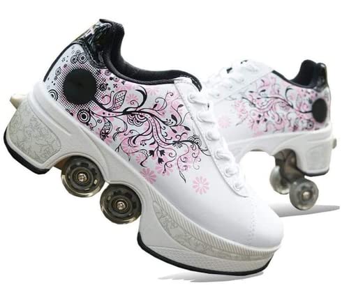 LDRFSE Rollschuhe für Mädchen, Sneaker, Skateschuhe, Sneaker, mit Rädern, Sport, Gymnastik, Mode, Mehrzweck, Kick Roller Schuhe für Jungen Mädchen, White Pink Flower, 36 EU von LDRFSE