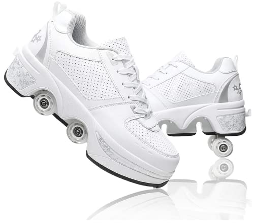 LDRFSE Rollschuh, Mädchen, Sneaker, Rollschuhe, Skateboardschuhe, Sneakers mit Rädern, Sport, Gymnastik, Mode, Mehrzweck-Kick-Roller, für Jungen und Mädchen, Weiß / Silber., 34 EU von LDRFSE