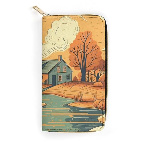 River in Front of House Slim Thin Credit Card Wallet, PU Leather Bifold Cash Wallet, Zipper Coin Pocket ID Window Wallet Storage Bag Wallet Wallet Coin Purse Pouch Change Holder Small with Zipper for von LDTVSFZQ