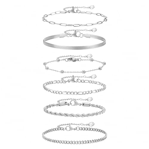 LDUDU 6Pcs Armbänder Charm Armband Set Schmuck Damen Edelstahl Armkette Damen Armband Charm Armband Silber Gold Armband für Damen Frauen (silber) von LDUDU