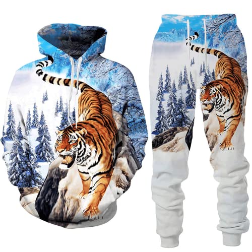 LDWAY Tier 3D Tiger Löwe Gedruckt Herren Kapuzenpullover Set Männer Sportswear Trainingsanzug Langarm Anzug Unisex Sweatshirts Hoody + Hose Sets (style-c,L) von LDWAY