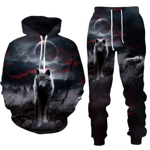 LDWAY Unisex 3D Wolf Druck Hoodie Herren Kapuzenpullover Jogger Set Wolf Hoodie Pullover Langarm Fleece Sweatshirt S-6XL (Style-c,M) von LDWAY