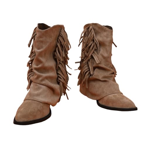 Damen Große Größe Stiefeletten Mid Calf Boots Mit Fransen Retro Western Cowboystiefel Pointed Toe Wildleder Booties Mit Blockabsatz Freizeit Knöchel Schuhe Für Konzert,Party(Beige,41 EU) von LDXEQIZ