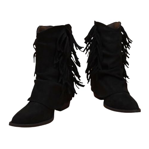 Damen Große Größe Stiefeletten Mid Calf Boots Mit Fransen Retro Western Cowboystiefel Pointed Toe Wildleder Booties Mit Blockabsatz Freizeit Knöchel Schuhe Für Konzert,Party(Black,40 EU) von LDXEQIZ
