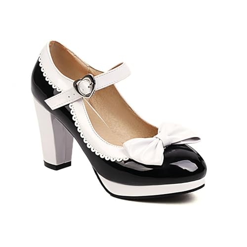 Damen PU-Lackleder Pumps Plateau Dirndl Schuhe mit Blockabsatz Große Größe Trachtenschuhe Retro Patchwork Absatzschuhe Elegant Brautschuhe mit Schleifen Riemchen High Heel Tanzschuhe(Black,37 EU) von LDXEQIZ