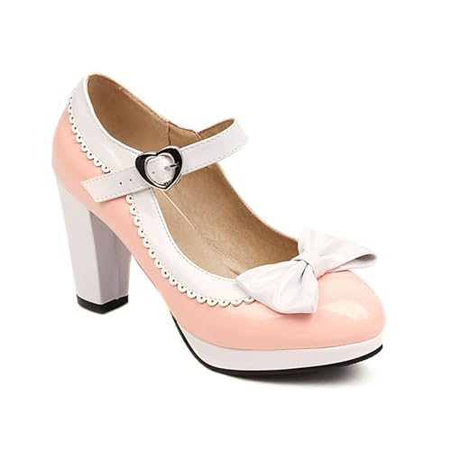 Damen PU-Lackleder Pumps Plateau Dirndl Schuhe mit Blockabsatz Große Größe Trachtenschuhe Retro Patchwork Absatzschuhe Elegant Brautschuhe mit Schleifen Riemchen High Heel Tanzschuhe(Pink,37 EU) von LDXEQIZ