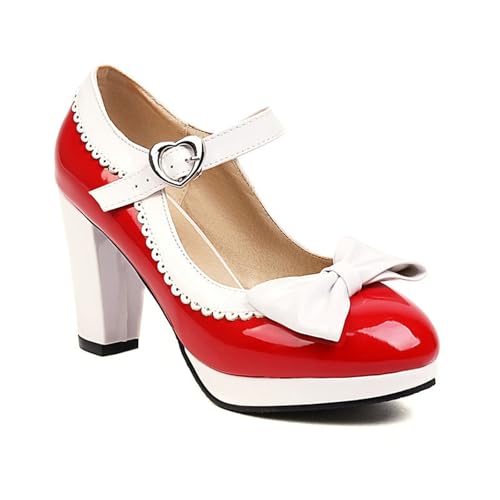 Damen PU-Lackleder Pumps Plateau Dirndl Schuhe mit Blockabsatz Große Größe Trachtenschuhe Retro Patchwork Absatzschuhe Elegant Brautschuhe mit Schleifen Riemchen High Heel Tanzschuhe(Red,40 EU) von LDXEQIZ