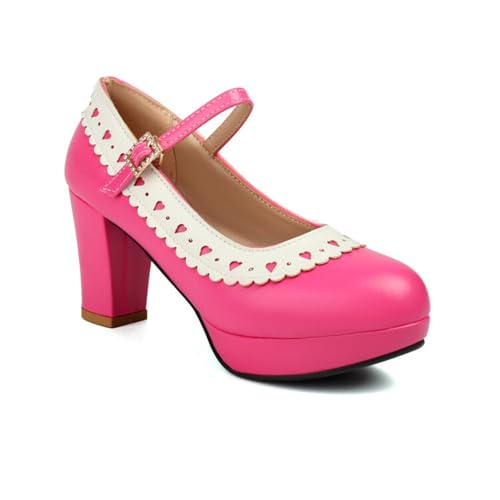 Damen Pumps Vintage Dirndl Schuhe mit Blockabsatz Elegant Brautschuhe Knöchelriemen High Heel Plateau Tanzschuhe PU-Leder Absatzschuhe Für Hochzeiten/Oktoberfest/Party(Pink,42 EU) von LDXEQIZ