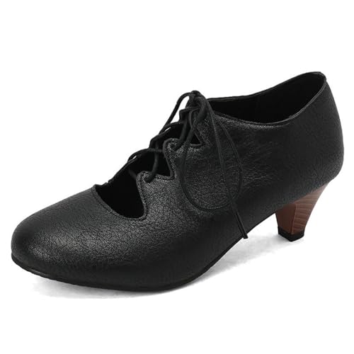 Damen Schnürung Pumps Round Toe Brautschuhe Bequeme Tanzschuhe Mit Absatz Breite Füße Trachtenschuhe Riemchen High Heel Retro Mittelalterlicher Dirndl Schuhe Für Oktoberfest(Black,37 EU) von LDXEQIZ