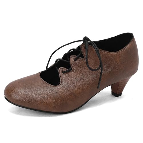 Damen Schnürung Pumps Round Toe Brautschuhe Bequeme Tanzschuhe Mit Absatz Breite Füße Trachtenschuhe Riemchen High Heel Retro Mittelalterlicher Dirndl Schuhe Für Oktoberfest(Khaki,41 EU) von LDXEQIZ