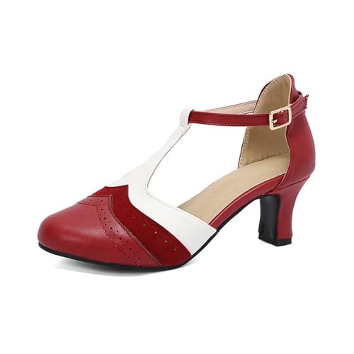 Damen Trachtenschuhe Große Größe Pumps Vintage Mittelalterliche Dirndl Schuhe Bequem Tanzschuhe mit Absatz Geschlossene Sandalen Elegant PU-Leder Patchwork Brautschuhe,36-43(Red,41 EU) von LDXEQIZ