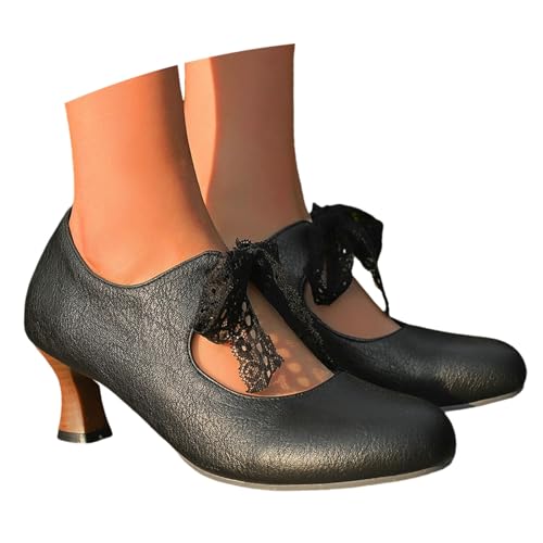 Dirndl Schuhe Damen Riemchen Pumps Retro Mittelalterlicher Trachtenschuhe PU-Leder Round Toe Brautschuhe Bequem Tanzschuhe Mit Absatz Große Größe High Heel,36-43(Black,39 EU) von LDXEQIZ