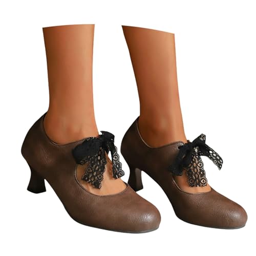 Dirndl Schuhe Damen Riemchen Pumps Retro Mittelalterlicher Trachtenschuhe PU-Leder Round Toe Brautschuhe Bequem Tanzschuhe Mit Absatz Große Größe High Heel,36-43(Brown,43 EU) von LDXEQIZ