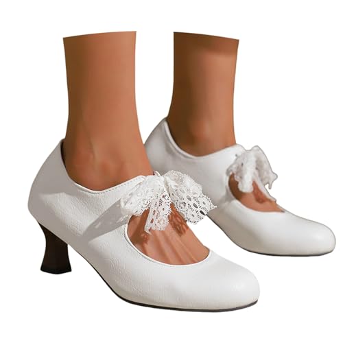 Dirndl Schuhe Damen Riemchen Pumps Retro Mittelalterlicher Trachtenschuhe PU-Leder Round Toe Brautschuhe Bequem Tanzschuhe Mit Absatz Große Größe High Heel,36-43(White,36 EU) von LDXEQIZ